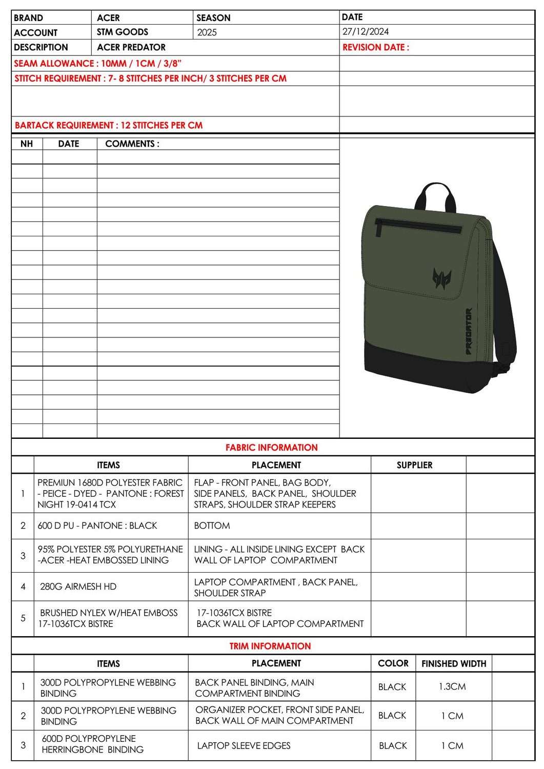 Acer Predator backpack tech pack — first page