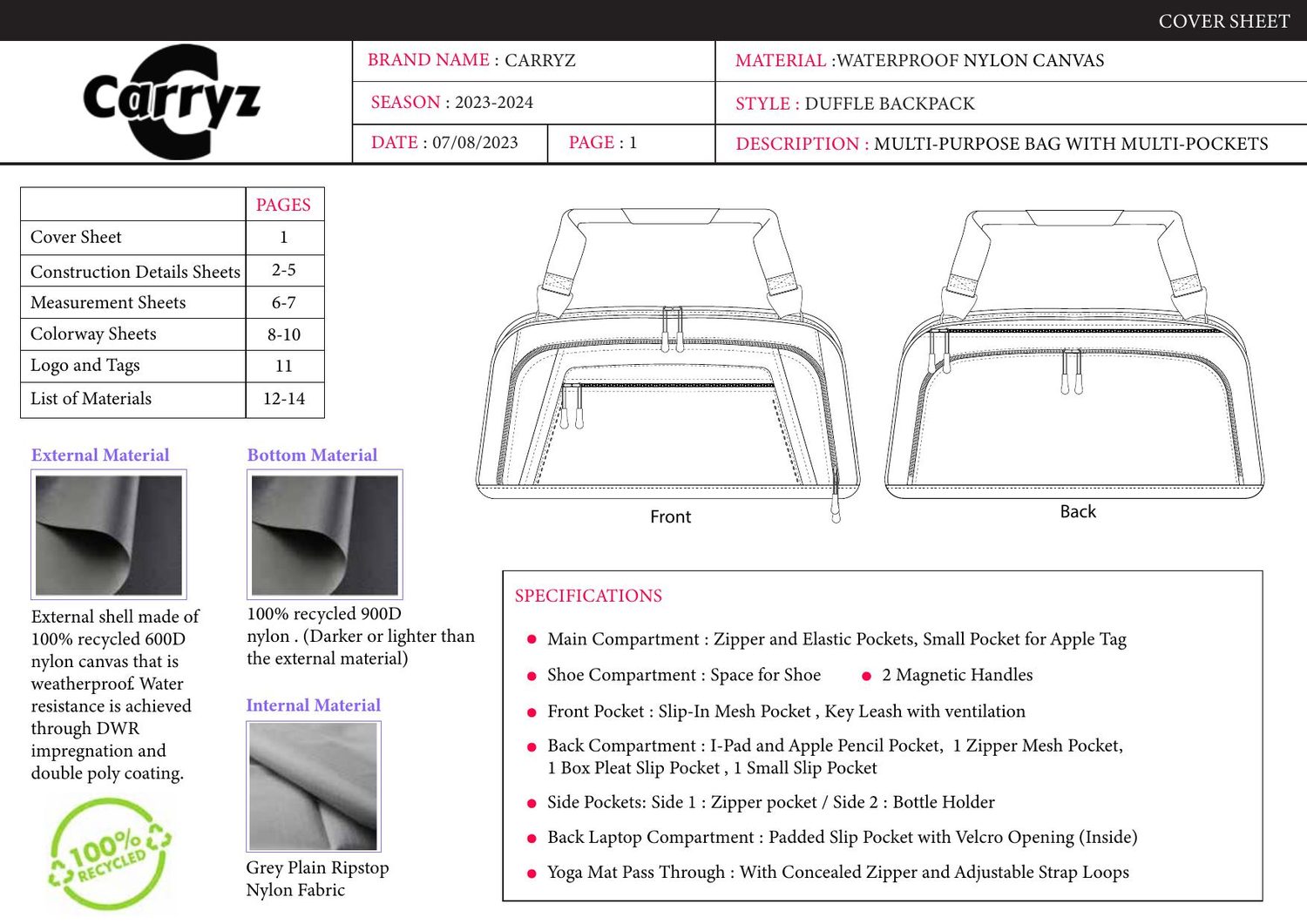 Carryz Duffle Backpack tech pack — first page