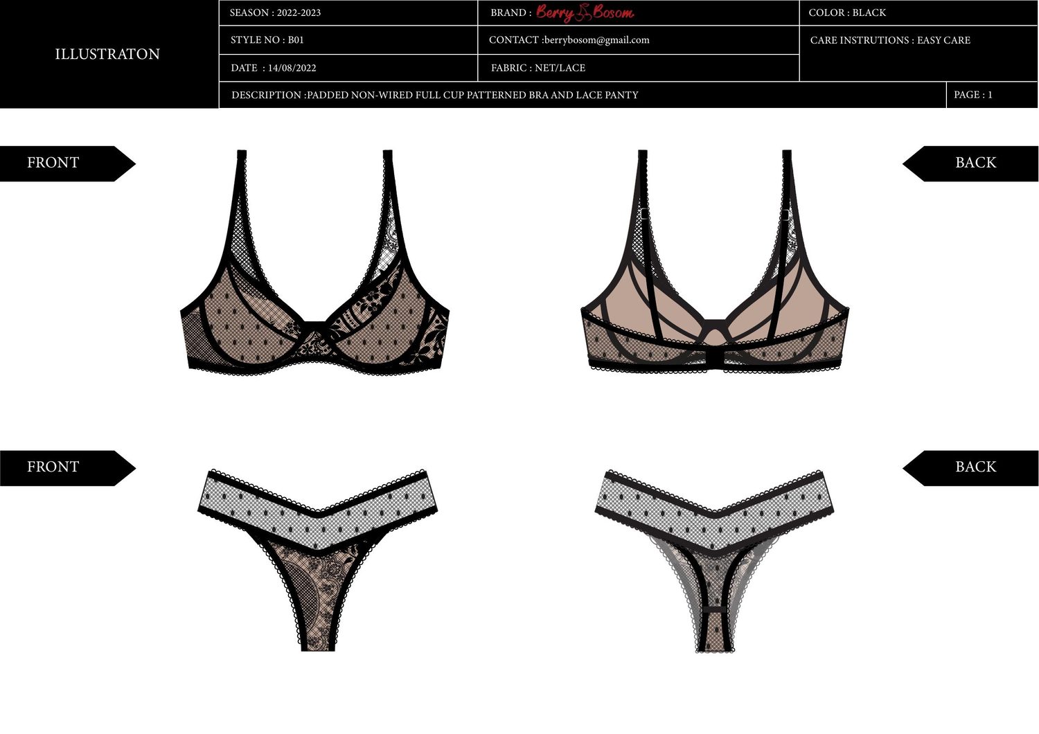 Patterned bra and panty B01 tech pack — illustrations