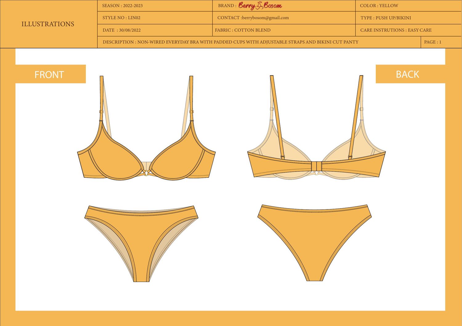 Push-up bikini set LIN02 tech pack — illustrations