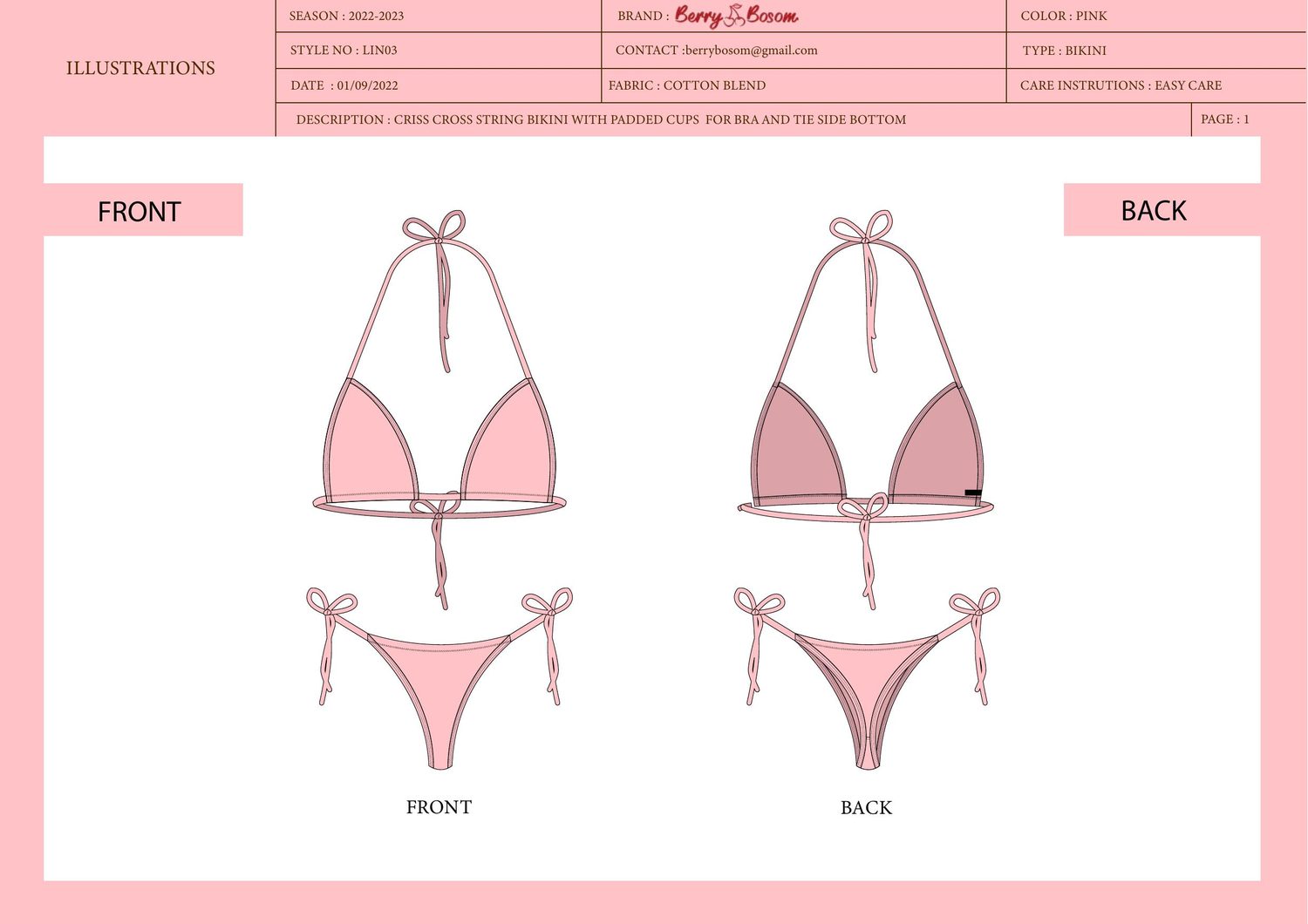 Criss-cross string bikini LIN03 tech pack — illustrations