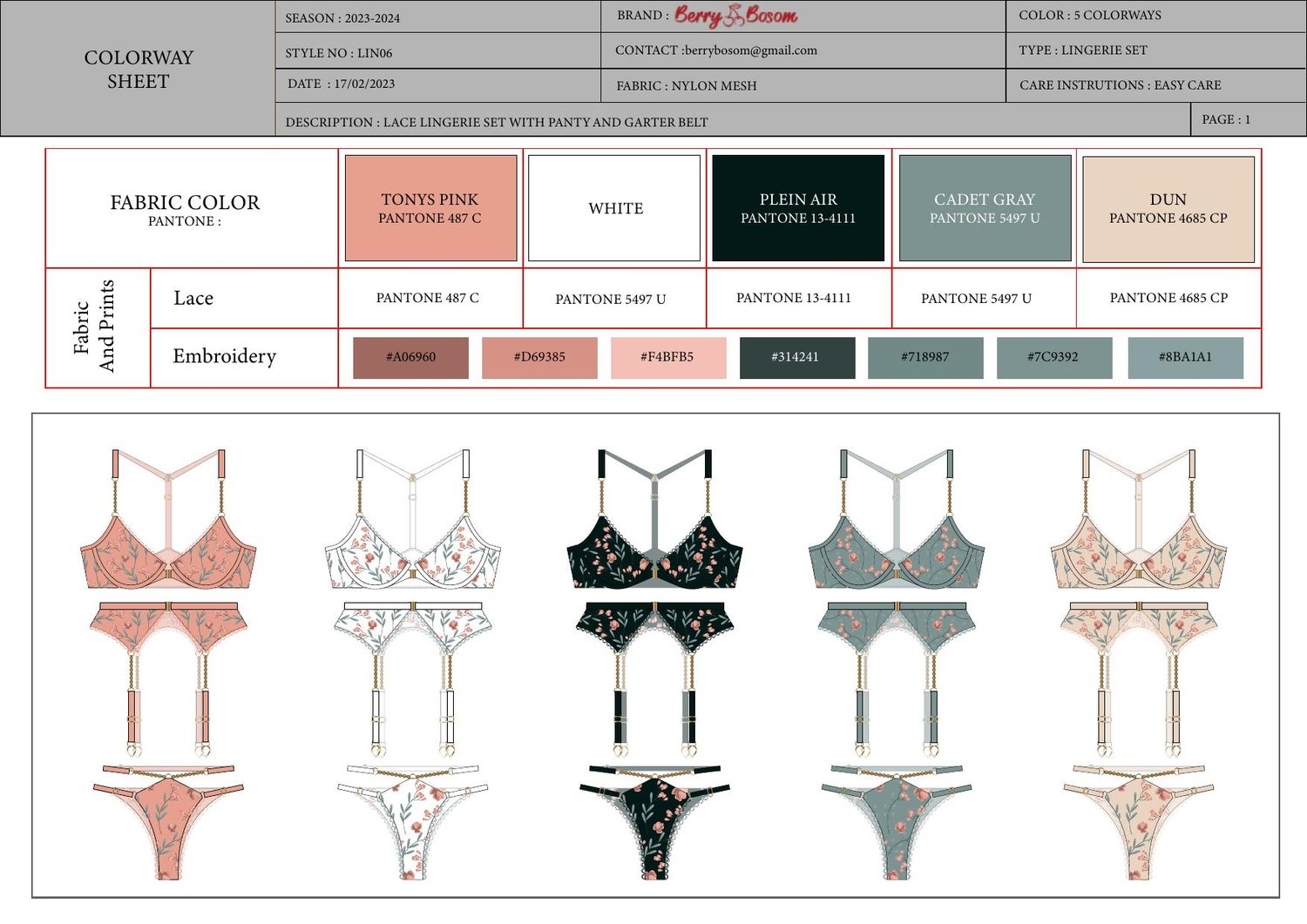 Lace lingerie set LIN06 tech pack — colorway sheet